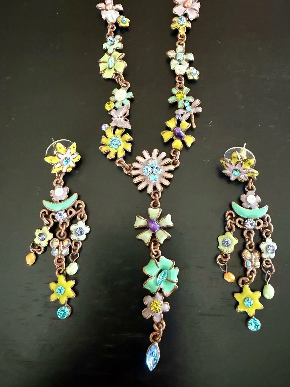 Boho Floral Multicolor Chrystal Enamel Necklace & Earring Set